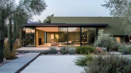 Modern desert house, glass walls, patio, landscaping, evening light, architectural design, real estate