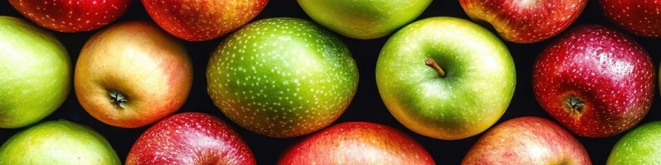 Fresh apples, colorful variety, red and green fruits, autumn harvest, vibrant produce, healthy food, orchard bounty, crisp textures, panoramic fruit display, organic apples, shiny apple skins, juicy a