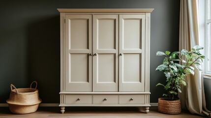 This exquisite three-door wardrobe is finished in a cream white, delicate wood paneling, with two large lower drawers and slightly curved legs, it beautifully combines classic and modern aesthetics.