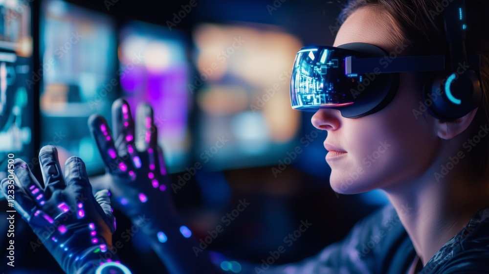 Wall mural female software engineer interacting with virtual reality application while wearing a vr headset and
