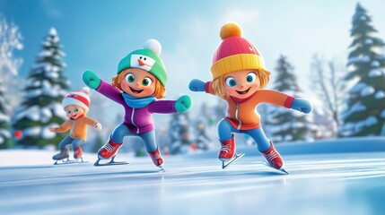 Cartoon style happy child doing ice skating.