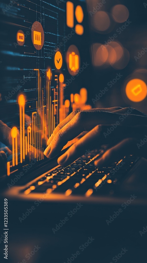 Poster hands typing on laptop with digital interface and data visualization in warm color tones