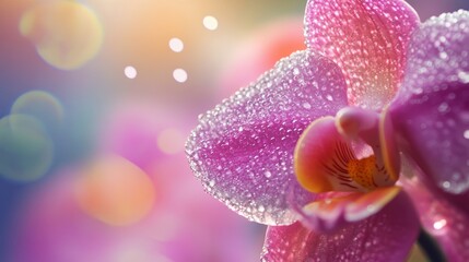 Close-up photograph of a pink orchid flower with dew drops on the petals, against a background of water bubbles