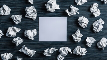 Empty Paper Space Surrounded by Crumpled White Papers on Dark Wooden Background for Creative Ideas or Projects