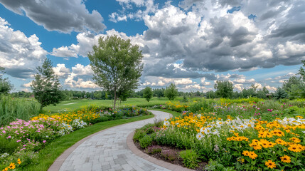 Fototapeta premium Winding path through vibrant garden, cloudy sky