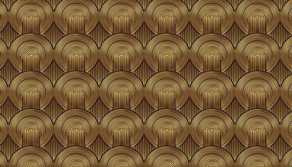 Obraz premium Art Deco Masterpiece Ornate Gold Circle Stripes with Arching Line Patterns and Fence Background, Elevating Modern Interior Design or Graphic Art