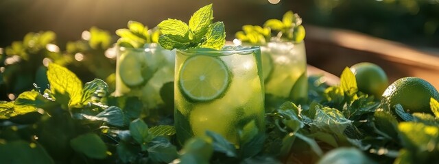 Fresh mojito cocktail, vibrant green mint leaves, sliced limes, ice cubes, blurred tropical background, sunlit bar scene, refreshing summer drink, crystal clear glass, panoramic view, citrus garnish, 