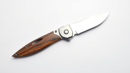 Fototapeta premium Sleek pocket knife with ergonomic wooden handle, featuring a silver blade and intricate engravings on a crisp white background, premium materials, functional tool, elegant design