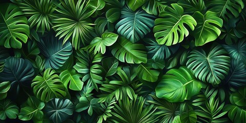 Lush tropical foliage, dense jungle canopy, vibrant green monstera leaves, philodendron plants, exotic rainforest flora, dark mysterious undergrowth, botanical paradise, natural texture, jungle panora