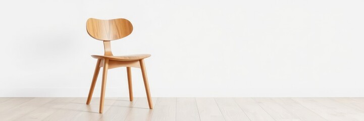 Simple yet elegant modern wooden dining chair with a low profile and straight legs, dining room decor, white upholstery, minimalist aesthetic