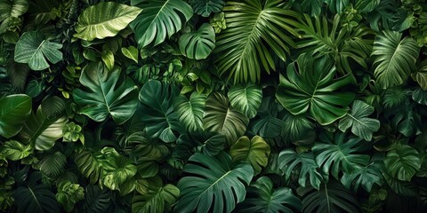 Fototapeta premium Lush tropical foliage, dense jungle canopy, vibrant green monstera leaves, philodendron plants, exotic rainforest flora, dark mysterious undergrowth, botanical paradise, natural texture, jungle panora