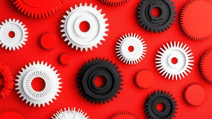 Colorful Gears and Cogs Arranged on a Bright Red Background for Industrial and Mechanical Concepts