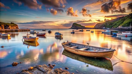 Fototapeta premium Seaside landscape at dusk with rugged coastline and weathered wooden boats docked in the shallow water, seaside landscape, rugged coastline, sunset colors, weathered wood