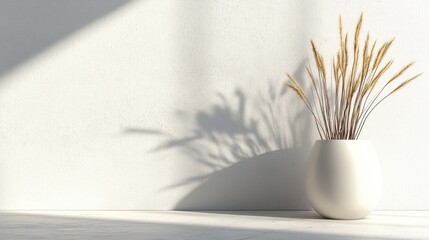 Dried wheat in vase, sunlit wall, minimalist decor, interior design
