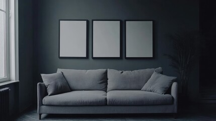 Living room interior design inspiration with empty poster frames on grey walls and a comfortable grey sofa