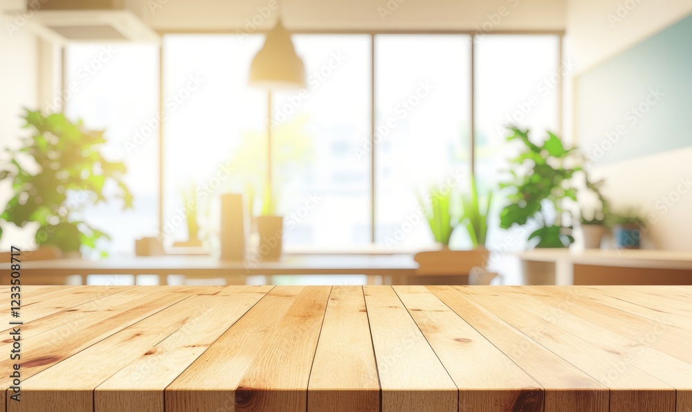 Poster natural wooden table in a cozy office with soft sunlight filtering through windows and lush greenery