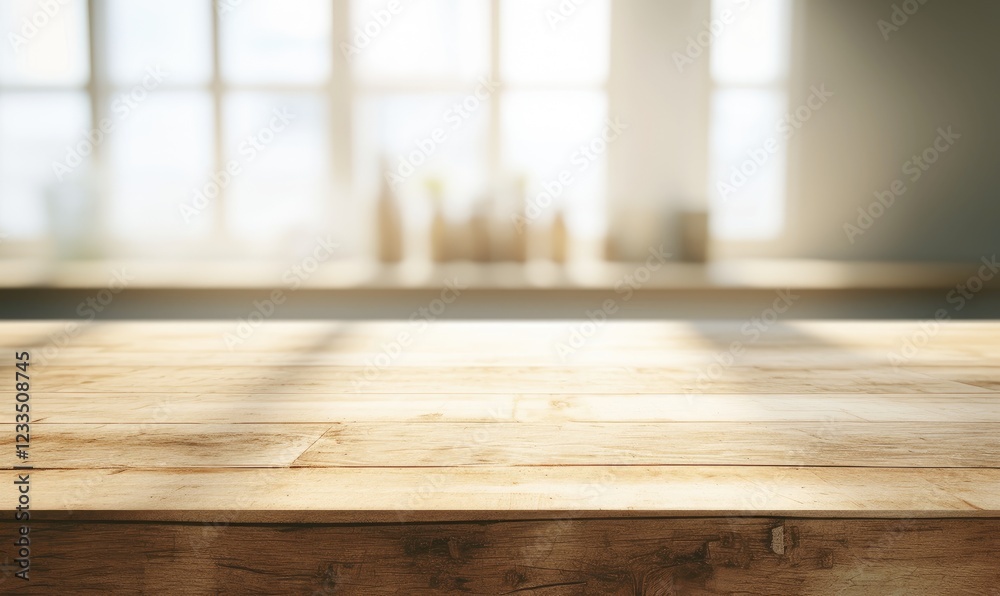 Poster Rustic wooden table with soft light streaming through large windows in a cozy, blurred background. Perfect for product presentations or warm workspace visuals