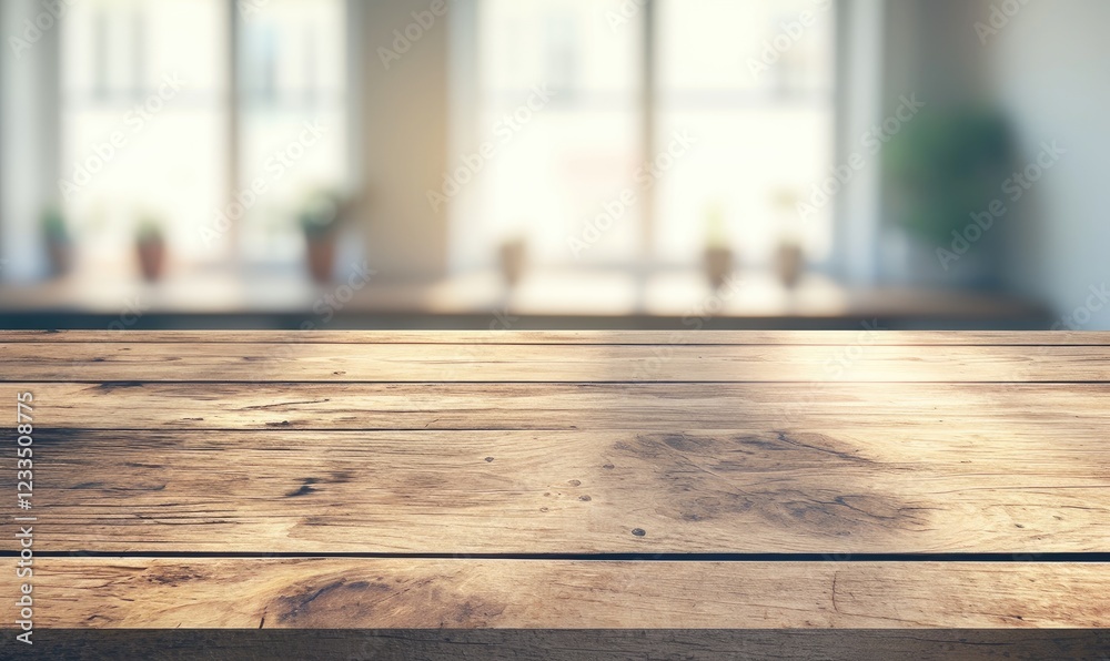 Poster a rustic wooden table top illuminated by warm sunlight, set against a softly blurred background of a