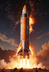 Fototapeta premium Powerful rocket blasting off into the distance with a fiery glow , glow, flames, fuel