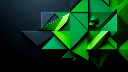 Abstract geometric shapes in vibrant green tones on a dark background, creating a modern art vibe