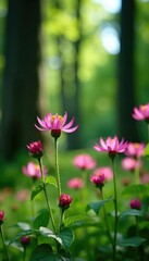 Pink spider flowers peek out from behind tall trees, #greenery, #wildflowers, #garden