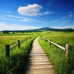 Fototapeta premium Scenic Pathway Through Green Meadow Under Clear Blue Sky with Fluffy White Clouds