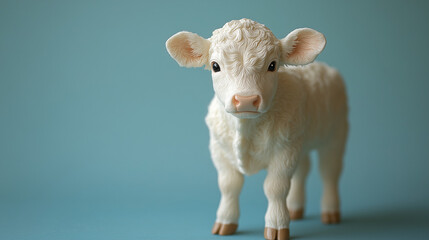 Fototapeta premium A small white cow stands against a soft, bluish backdrop