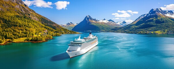 Scenic View of a Cruise Ship Sailing Through Tranquil Waters Surrounded by Majestic Mountains