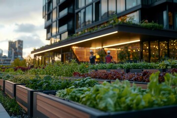 Urban Rooftop Garden with Growing Vegetables and Herbs
