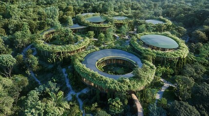 Aerial view of circular structures in lush forest, featuring green roofs and natural integration