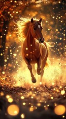 Chestnut horse running autumn forest, magical light, nature fantasy, wallpaper