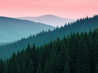 Obraz premium Serene Forested Mountains with Layers of Green and Vibrant Pink Sky at Dusk