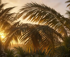 Palm fronds glowing softly with golden backlight during serene sunset, calm atmosphere, greenery, peaceful