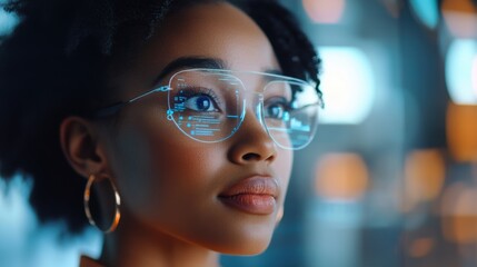 A professional woman using a holographic interface to explain data trends to her team in a brightly lit office