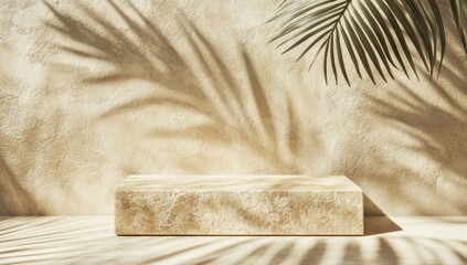 Beige stone platform with palm shadow on textured wall.