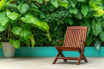 Obraz premium A wooden chair sits peacefully against a backdrop of lush green plants.
