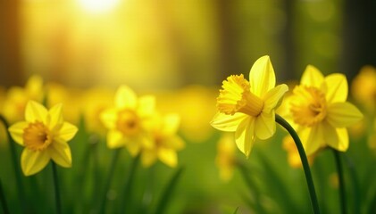 Fototapeta premium Softly lit field of blooming daffodil flowers, sunlight, blooming, serene