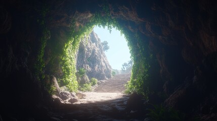Lush Cave Entrance with Stone Steps Leading to Sunlight