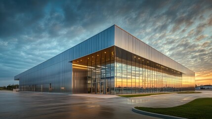 Modern glass & metal building at sunset.