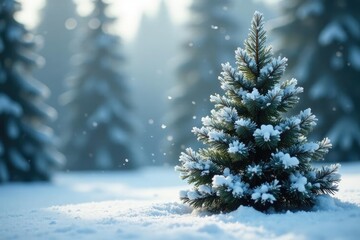 Snowflakes dance in the air around a majestic spruce tree, white, spruce