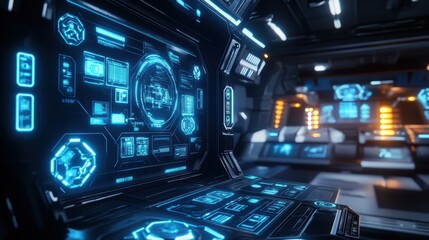 Obraz premium Futuristic Spaceship Control Panel Interface with Blue HUD and Digital Displays