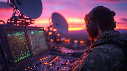 A radar station with rotating dishes scanning the horizon, with glowing LED indicators on the control panels