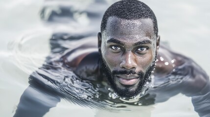 Underwater Male Portrait  Black Man Swimming  Serene Face  Aquatic Lifestyle