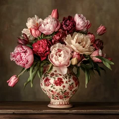 A vibrant bouquet of peonies and tulips in a vintage floral vase on a rustic wooden table.