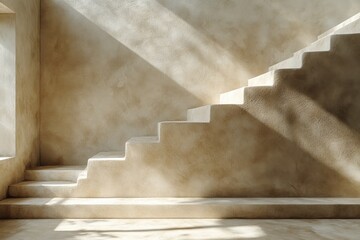 A minimalist interior featuring staircases with soft lighting and textured walls.