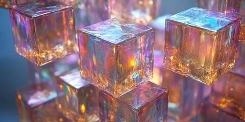 Abstract gold cubes, iridescent design, 3d render, Generative AI
