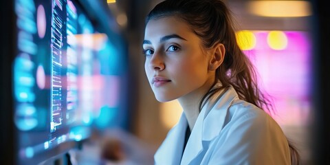 Naklejka premium Futuristic portrait, woman with curly hair, glasses, blue neon lighting, bokeh background, cyberpunk aesthetic, intense gaze, high-tech environment, close-up shot, dramatic lighting, sci-fi atmosphere