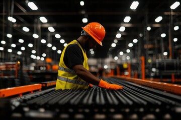 Industrial Worker Inspecting Metal Components in Factory