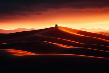 Fototapeta premium Solitary Tractor on a Desert Dune at Sunset