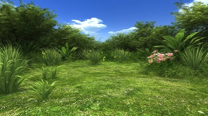Lush Green Meadow Surrounded by Tropical Foliage Under Blue Sky